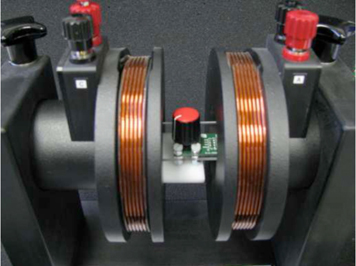 AS5163 Sensor and magnet in a Helmholtz coil to analyze the impact of magnetic stray fields Figure 4: AS5163 Sensor and magnet in a Helmholtz coil.